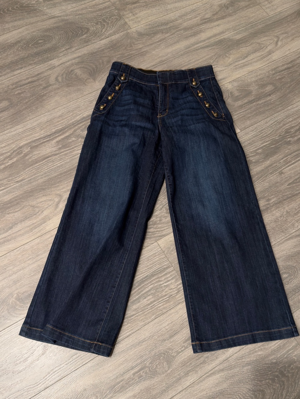 High-Rise Wide Leg Dark Blue Jeans with Button Accent
